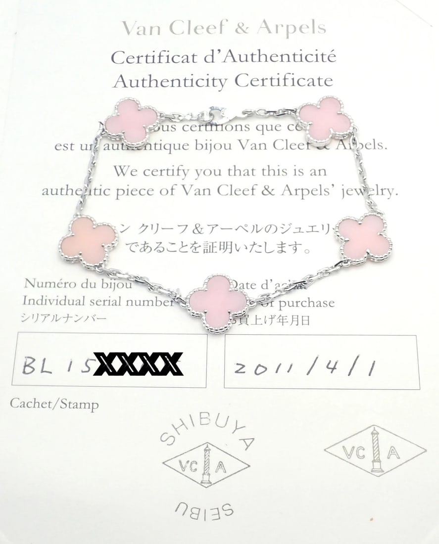 Authentic! Van Cleef & Arpels Alhambra 18k White Gold Pink Opal Bracelet Cer. - 4