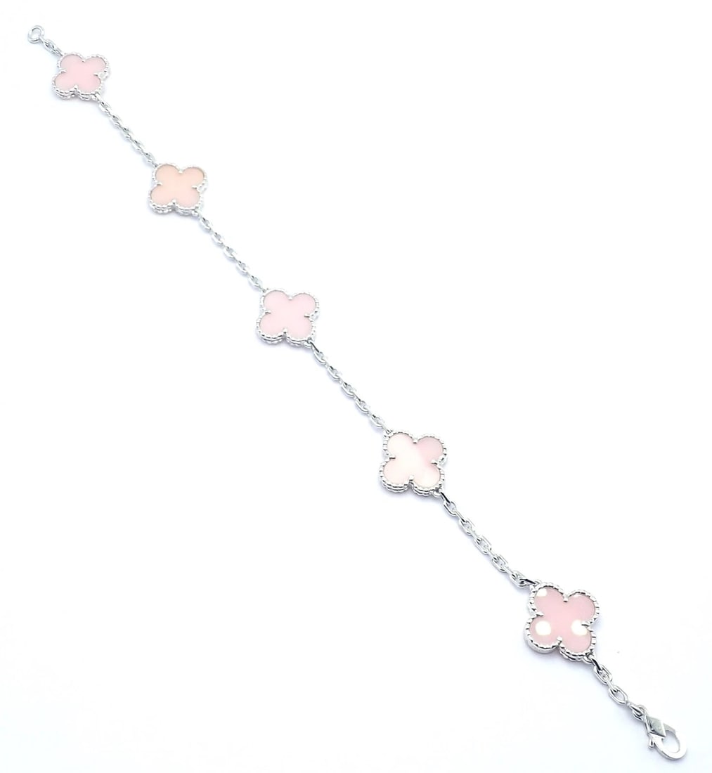 Authentic! Van Cleef & Arpels Alhambra 18k White Gold Pink Opal Bracelet Cer. - 5