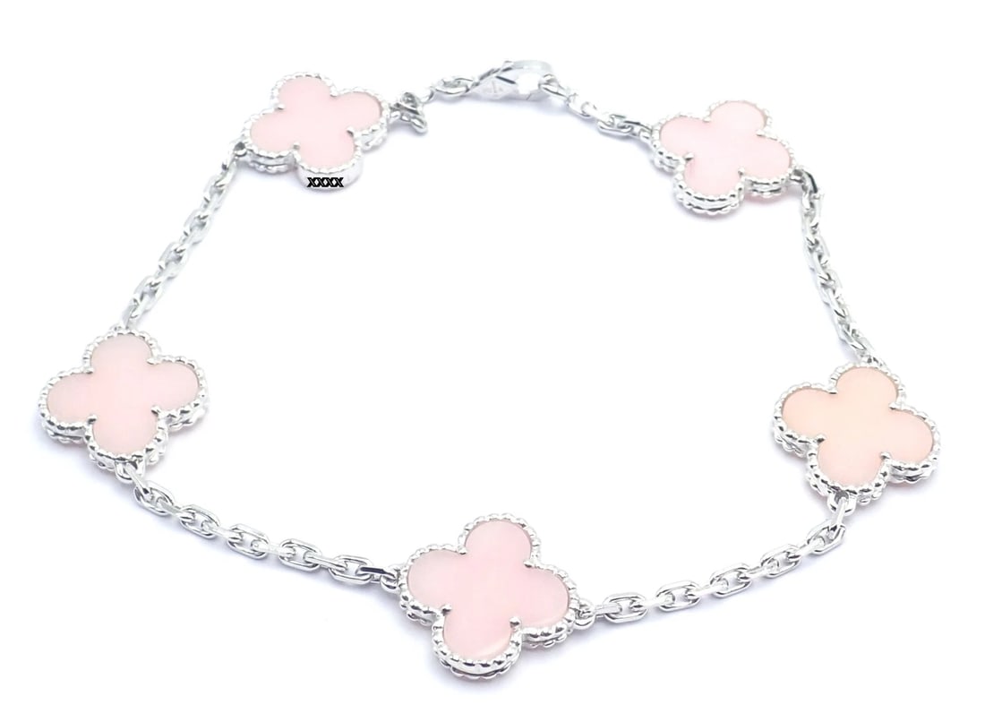 Authentic! Van Cleef & Arpels Alhambra 18k White Gold Pink Opal Bracelet Cer. - 6