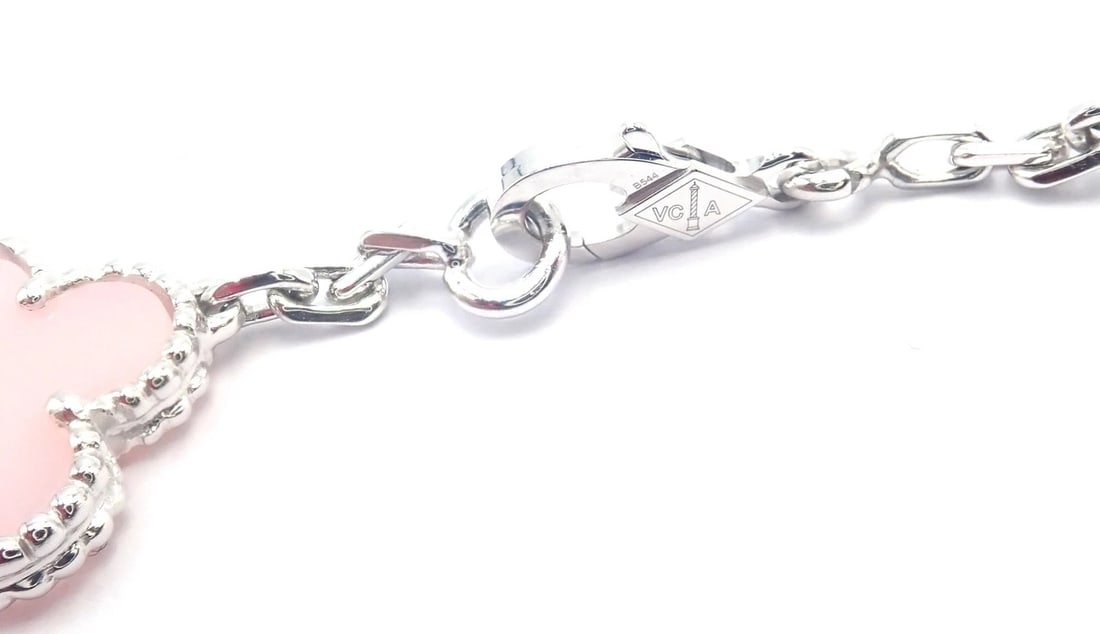 Authentic! Van Cleef & Arpels Alhambra 18k White Gold Pink Opal Bracelet Cer. - 7