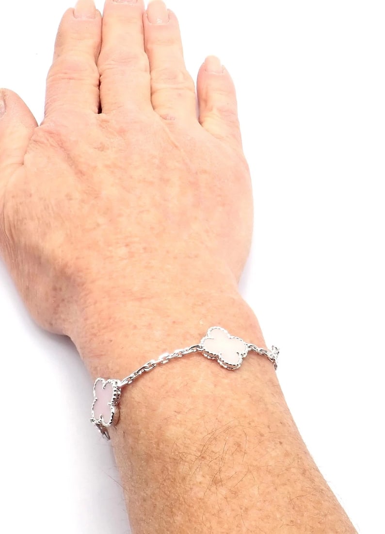Authentic! Van Cleef & Arpels Alhambra 18k White Gold Pink Opal Bracelet Cer. - 8