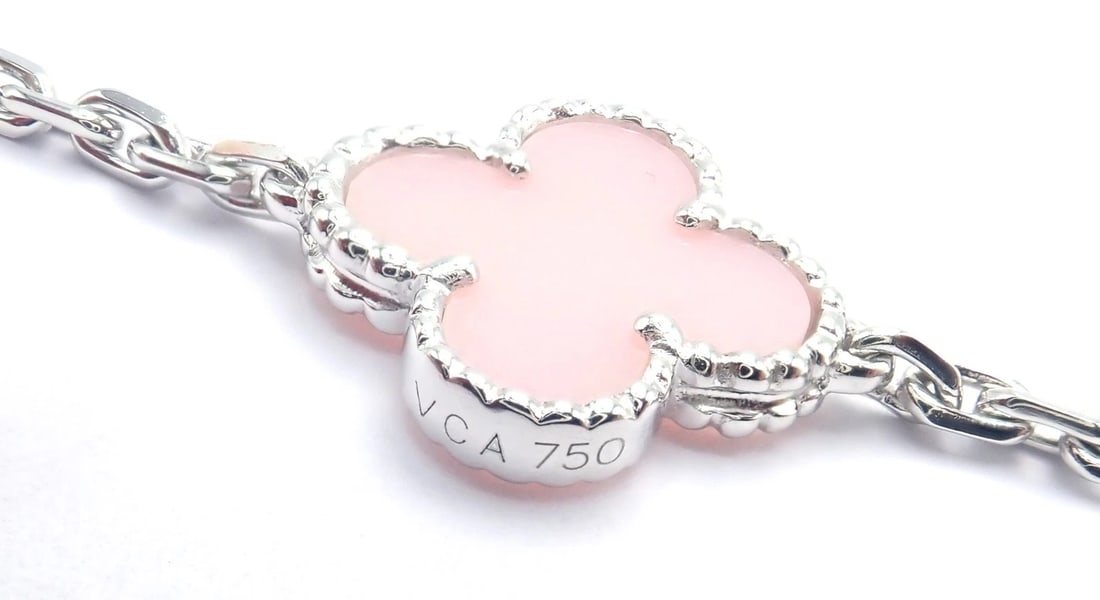 Authentic! Van Cleef & Arpels Alhambra 18k White Gold Pink Opal Bracelet Cer. - 9