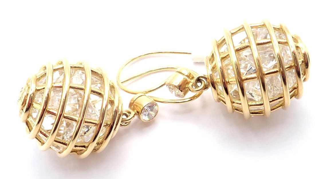Authentic! Verdura 18k Yellow Gold Diamond Rock Crystal Caged Dropped Earrings - 11