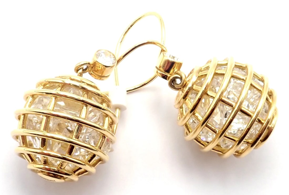 Authentic! Verdura 18k Yellow Gold Diamond Rock Crystal Caged Dropped Earrings - 4