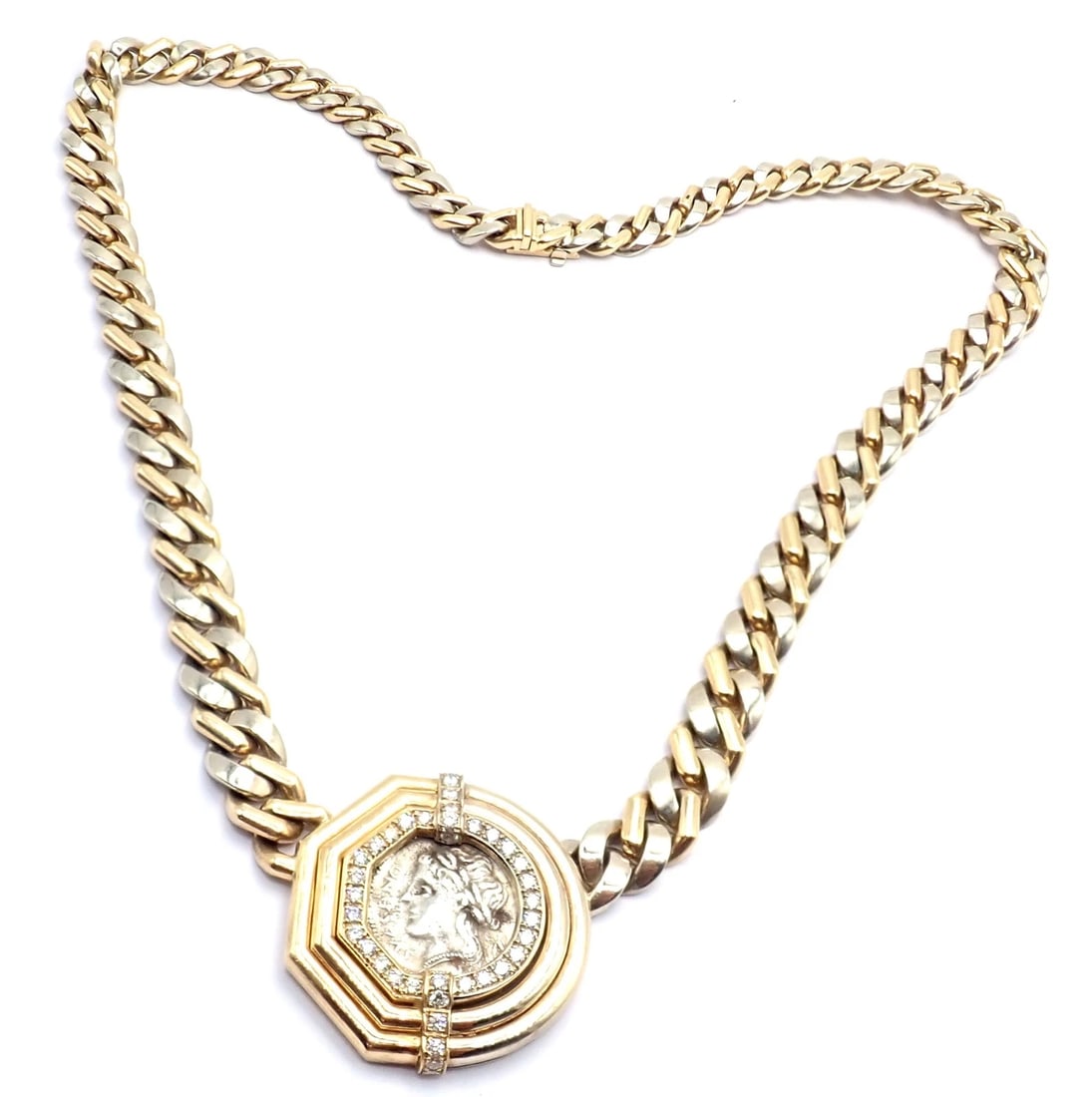 Bvlgari Bulgari 18k Yellow White Gold Diamond Monete Antique Coin Link Necklace - 15