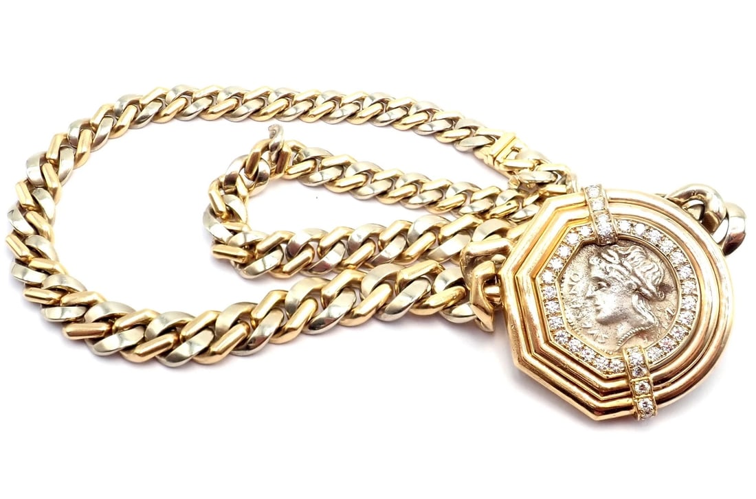 Bvlgari Bulgari 18k Yellow White Gold Diamond Monete Antique Coin Link Necklace - 16