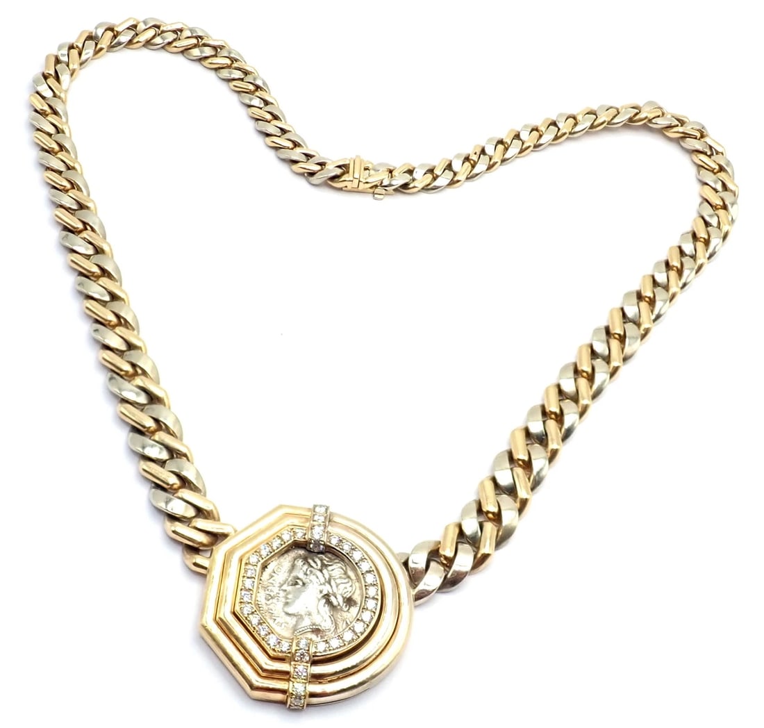 Bvlgari Bulgari 18k Yellow White Gold Diamond Monete Antique Coin Link Necklace - 17