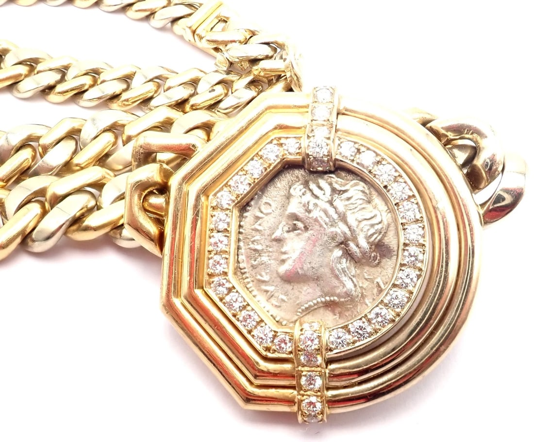 Bvlgari Bulgari 18k Yellow White Gold Diamond Monete Antique Coin Link Necklace - 4