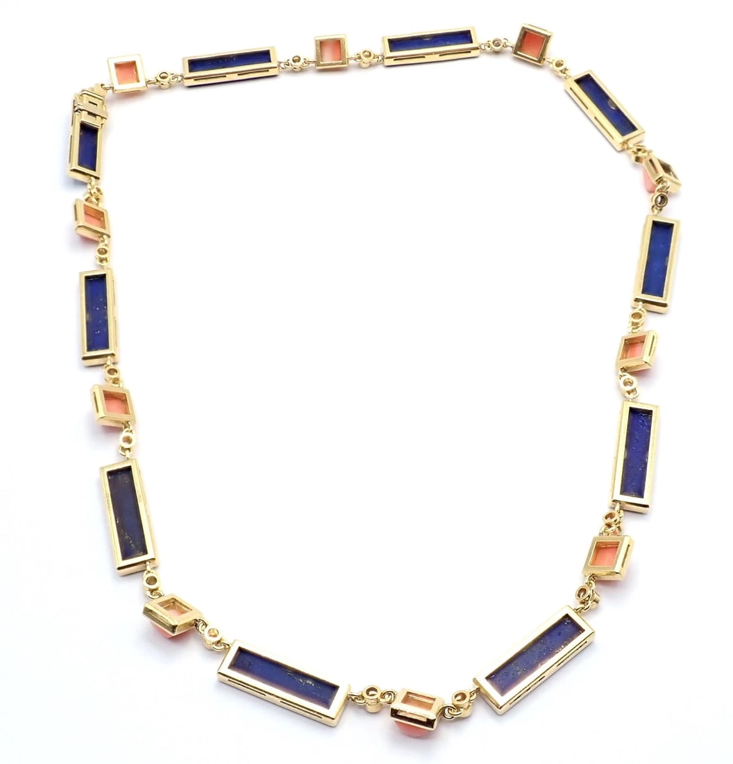 Rare! Vintage Bvlgari Bulgari 18k Yellow Gold Diamond Coral Lapis Chain Necklace - 10