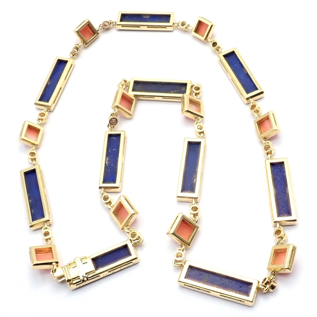 Rare! Vintage Bvlgari Bulgari 18k Yellow Gold Diamond Coral Lapis Chain Necklace - 11
