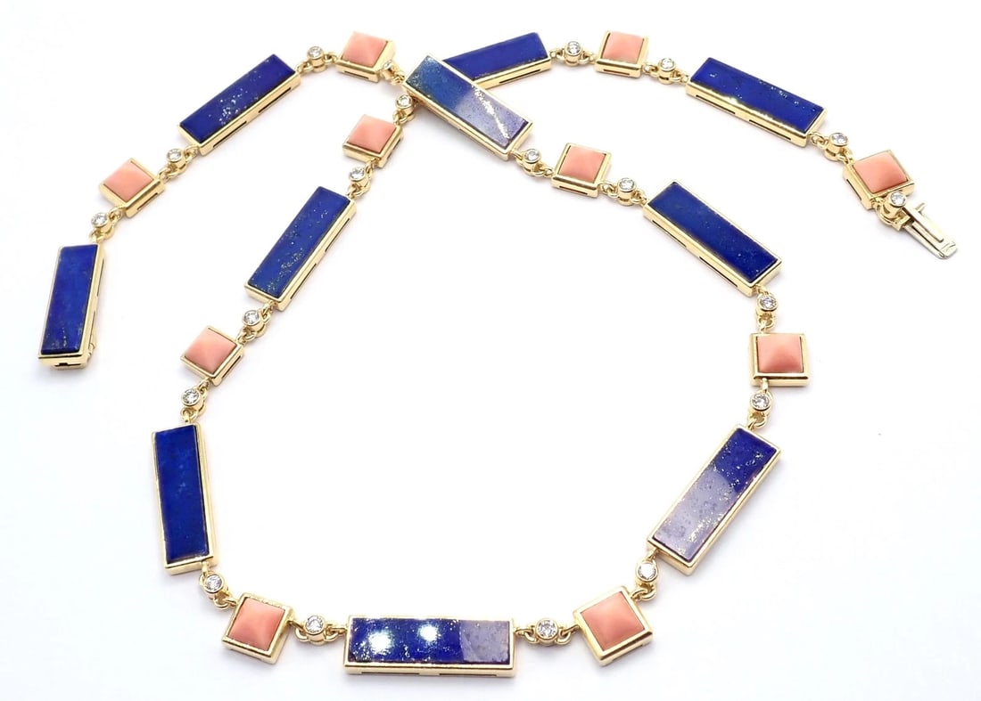 Rare! Vintage Bvlgari Bulgari 18k Yellow Gold Diamond Coral Lapis Chain Necklace - 12