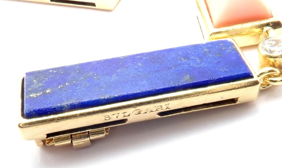 Rare! Vintage Bvlgari Bulgari 18k Yellow Gold Diamond Coral Lapis Chain Necklace - 14