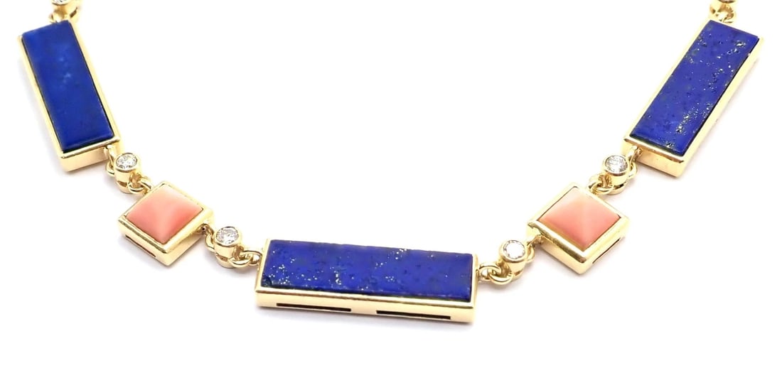 Rare! Vintage Bvlgari Bulgari 18k Yellow Gold Diamond Coral Lapis Chain Necklace - 15