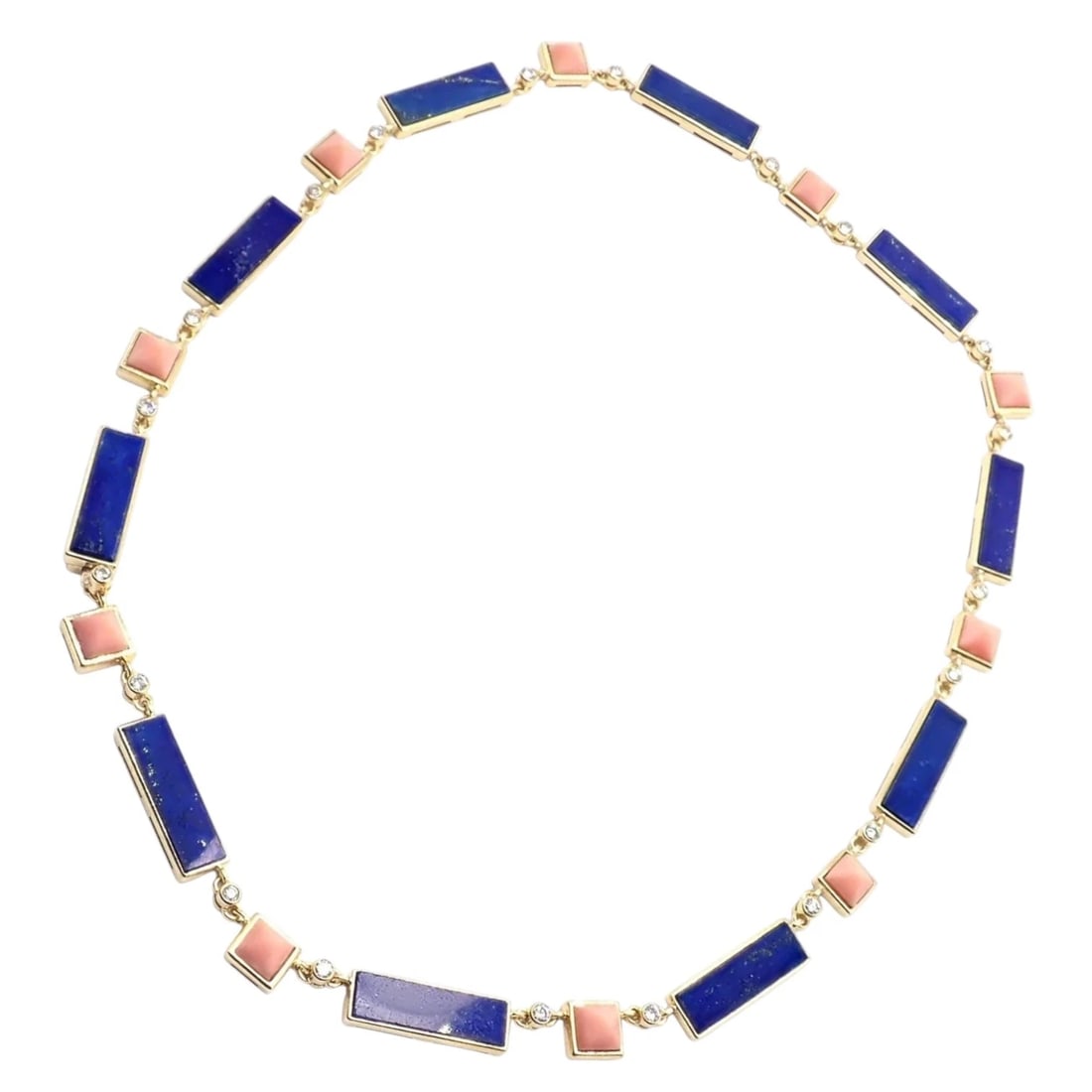 Rare! Vintage Bvlgari Bulgari 18k Yellow Gold Diamond Coral Lapis Chain Necklace: Rare vintage Bvlgari Bulgari necklace crafted in luxurious 18k yellow gold, featuring elegant geometric links accented with vivid lapis lazuli, warm coral inlays, and sparkling diamonds. This