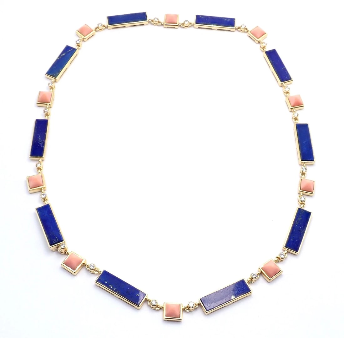 Rare! Vintage Bvlgari Bulgari 18k Yellow Gold Diamond Coral Lapis Chain Necklace - 3