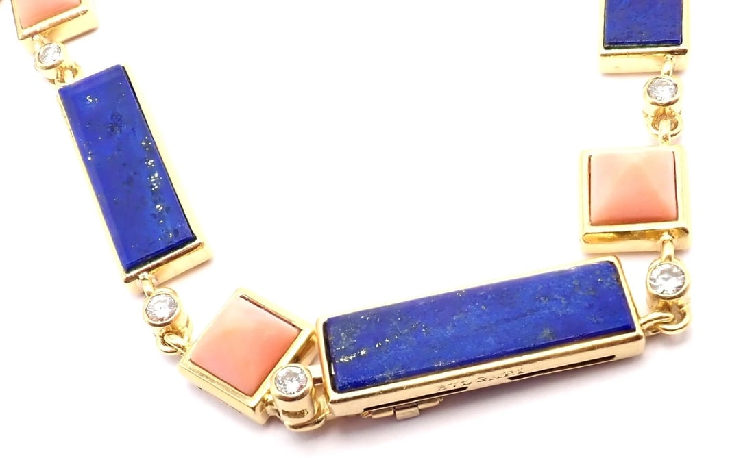 Rare! Vintage Bvlgari Bulgari 18k Yellow Gold Diamond Coral Lapis Chain Necklace - 4