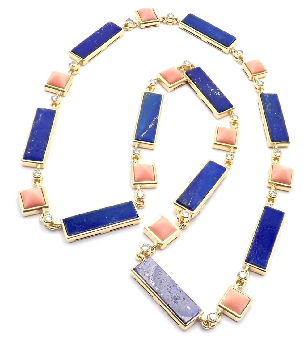 Rare! Vintage Bvlgari Bulgari 18k Yellow Gold Diamond Coral Lapis Chain Necklace - 5