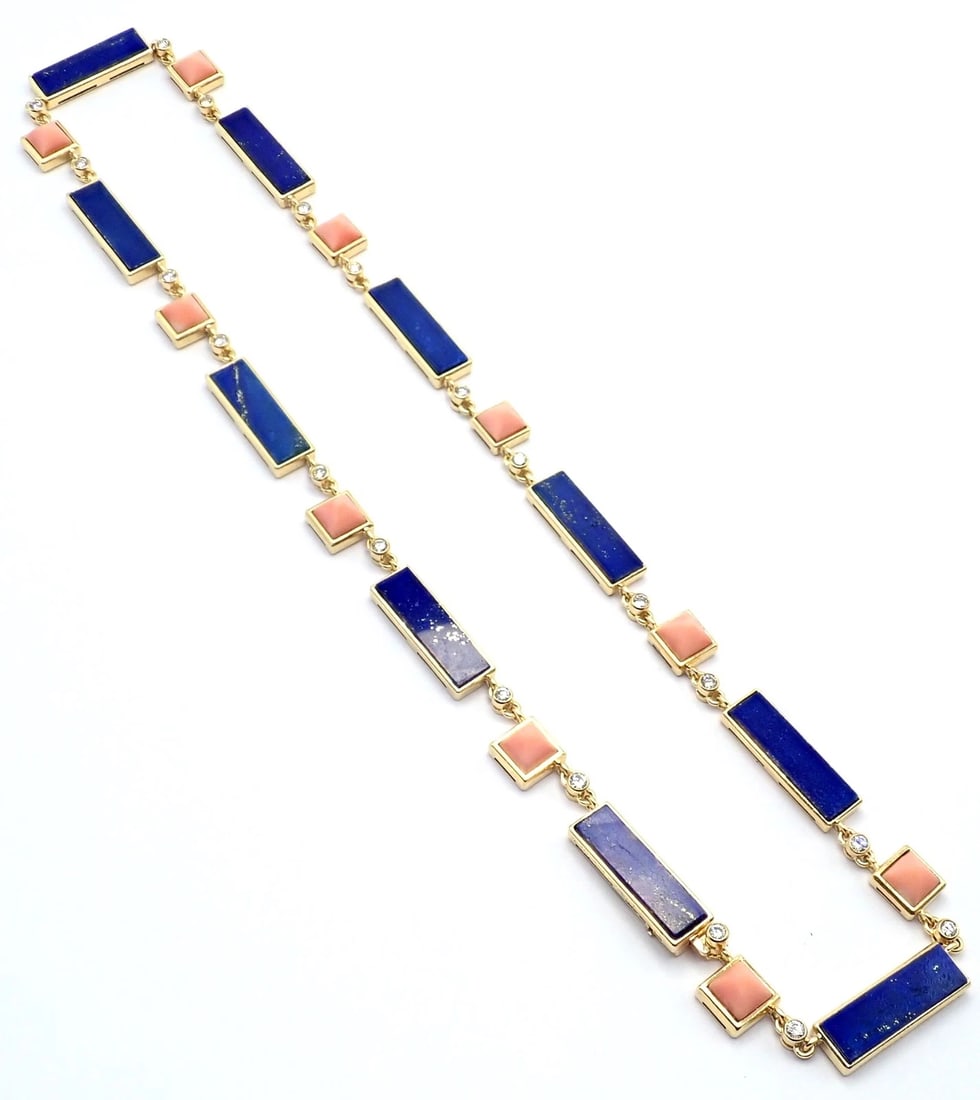 Rare! Vintage Bvlgari Bulgari 18k Yellow Gold Diamond Coral Lapis Chain Necklace - 6