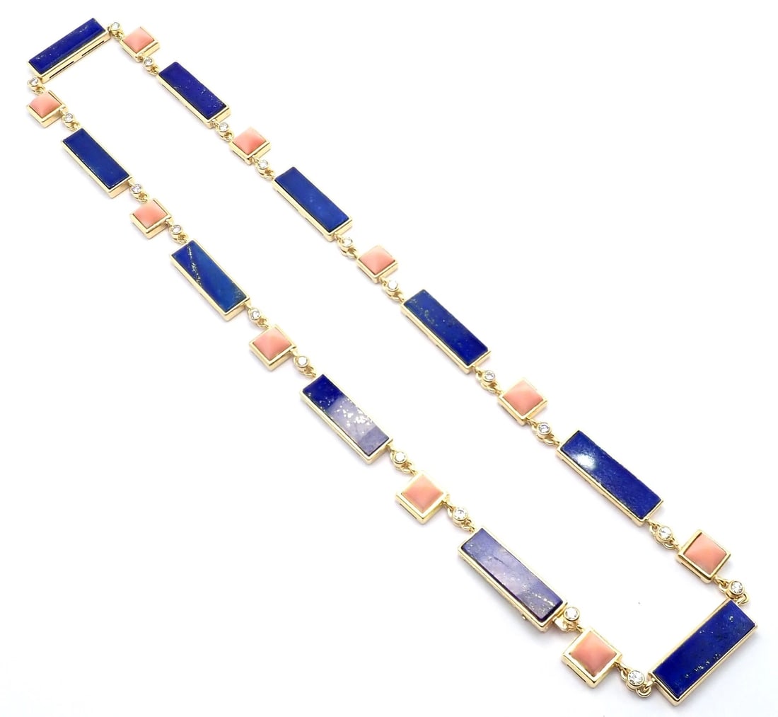 Rare! Vintage Bvlgari Bulgari 18k Yellow Gold Diamond Coral Lapis Chain Necklace - 7