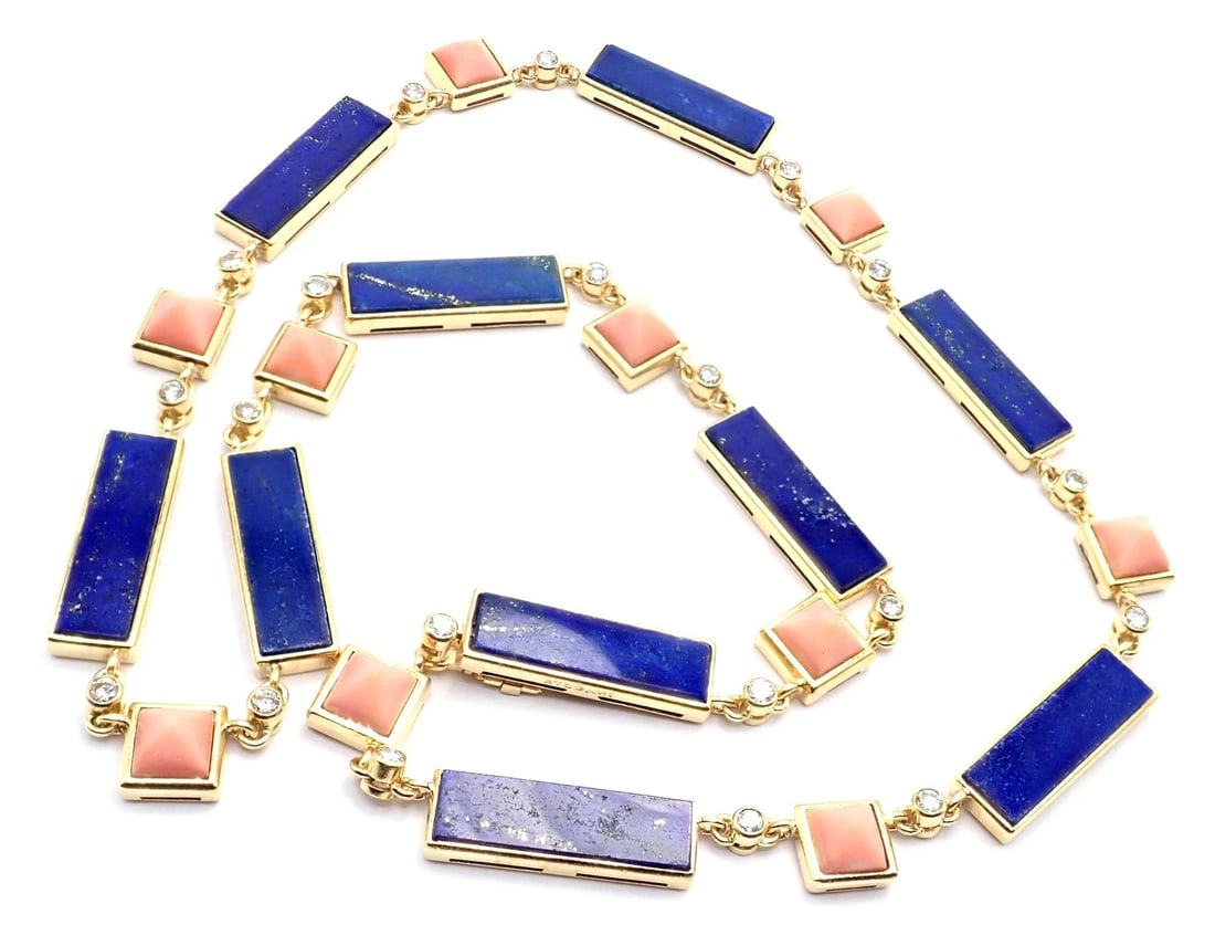 Rare! Vintage Bvlgari Bulgari 18k Yellow Gold Diamond Coral Lapis Chain Necklace - 8
