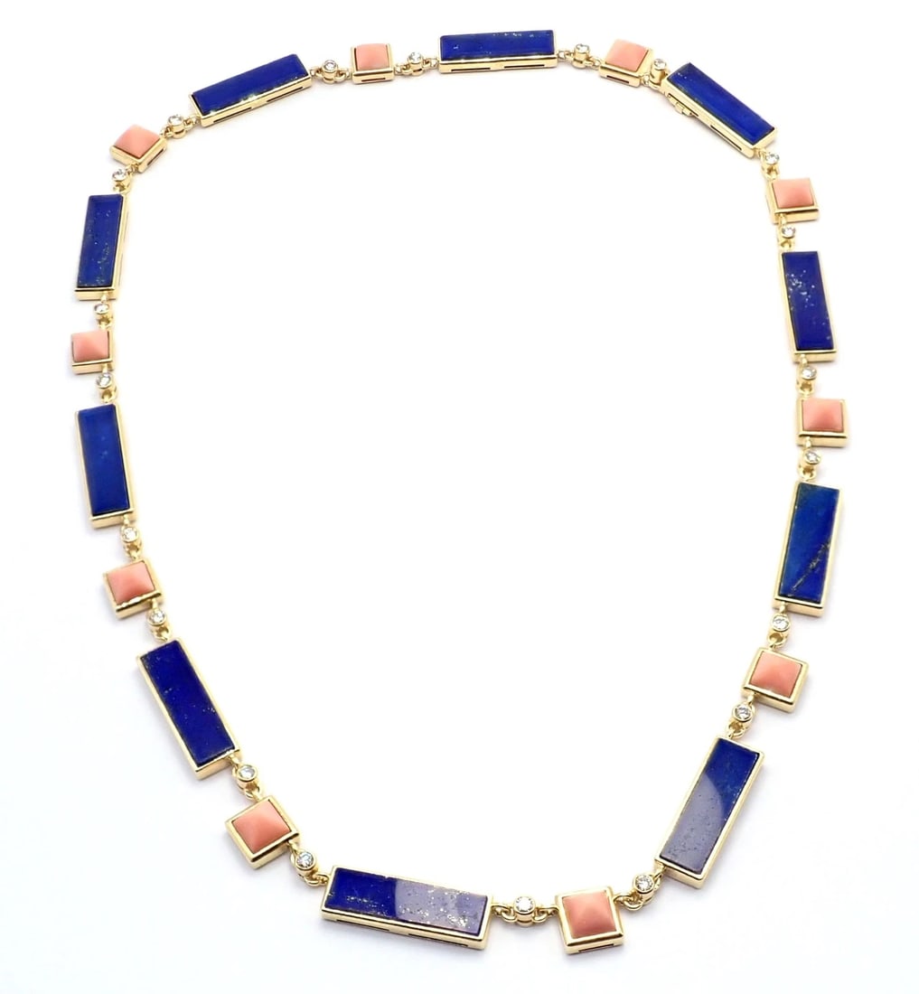Rare! Vintage Bvlgari Bulgari 18k Yellow Gold Diamond Coral Lapis Chain Necklace - 9