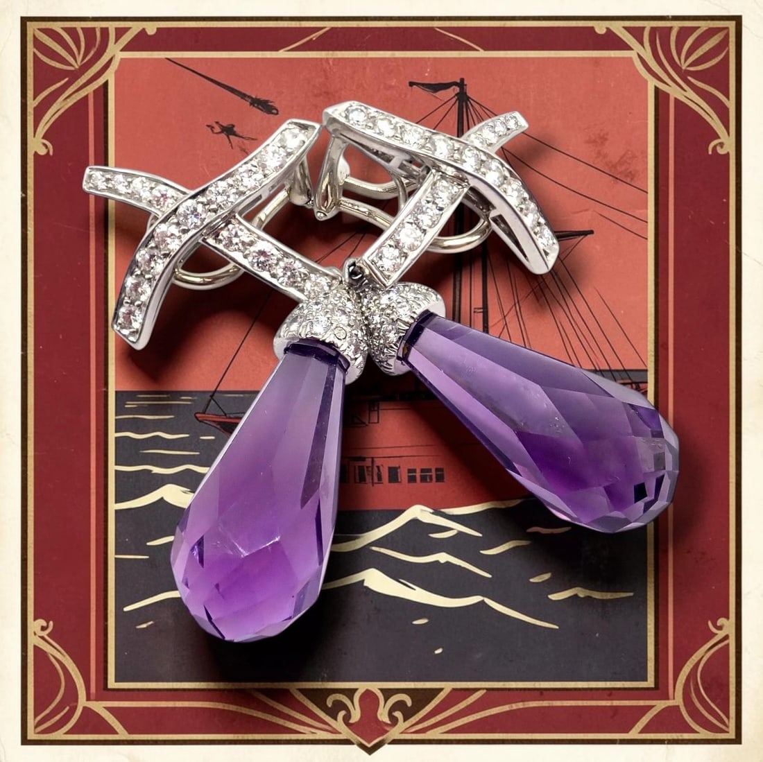 Tiffany & Co Picasso Platinum X Drop Diamond Amethyst Night + Day Earrings 1985 - 2