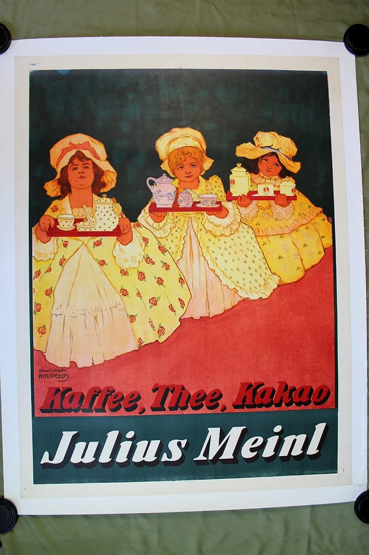 Julius Meinl Coffee - Art by Adolf Karpellus (1905) 37.5x49.5 Austrian Advertising Poster LB: Julius Meinl Coffee - Art by Adolf Karpellus (1905) 37.5x49.5 Austrian Advertising Poster LB Reserve: $701.00 Shipping: Domestic: Flat-rate of $42.00 to anywhere within the contiguous U.S. Internation
