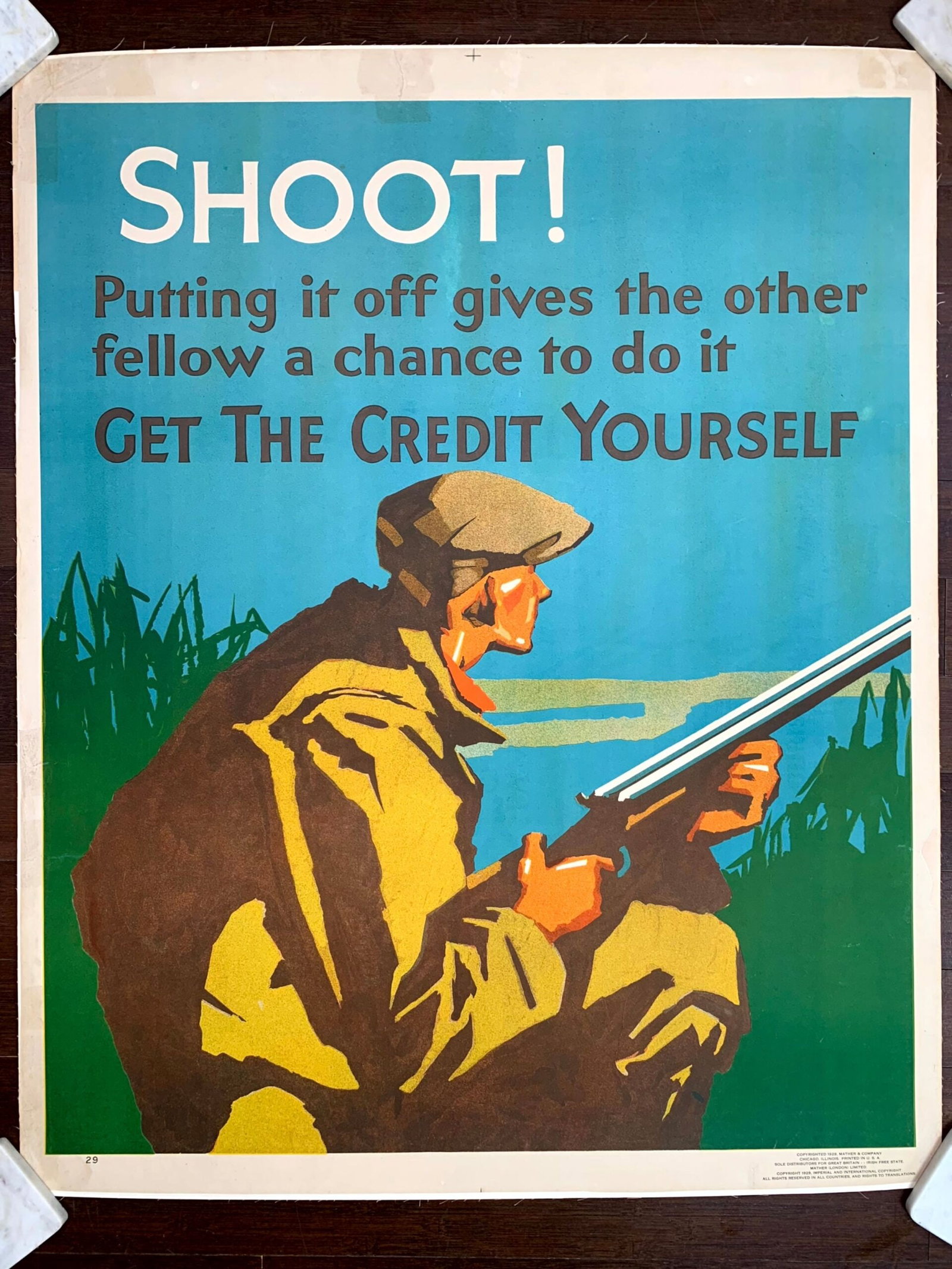 Shoot! - Art by Willard Frederic Elmes (1929) 35.5"X44" US Mather Poster LB: Shoot! - Art by Willard Frederic Elmes (1929) 35.5"X44" US Mather Poster LB Reserve: $701.00 Shipping: Domestic: Flat-rate of $42.00 to anywhere within the contiguous U.S. International: Foreign