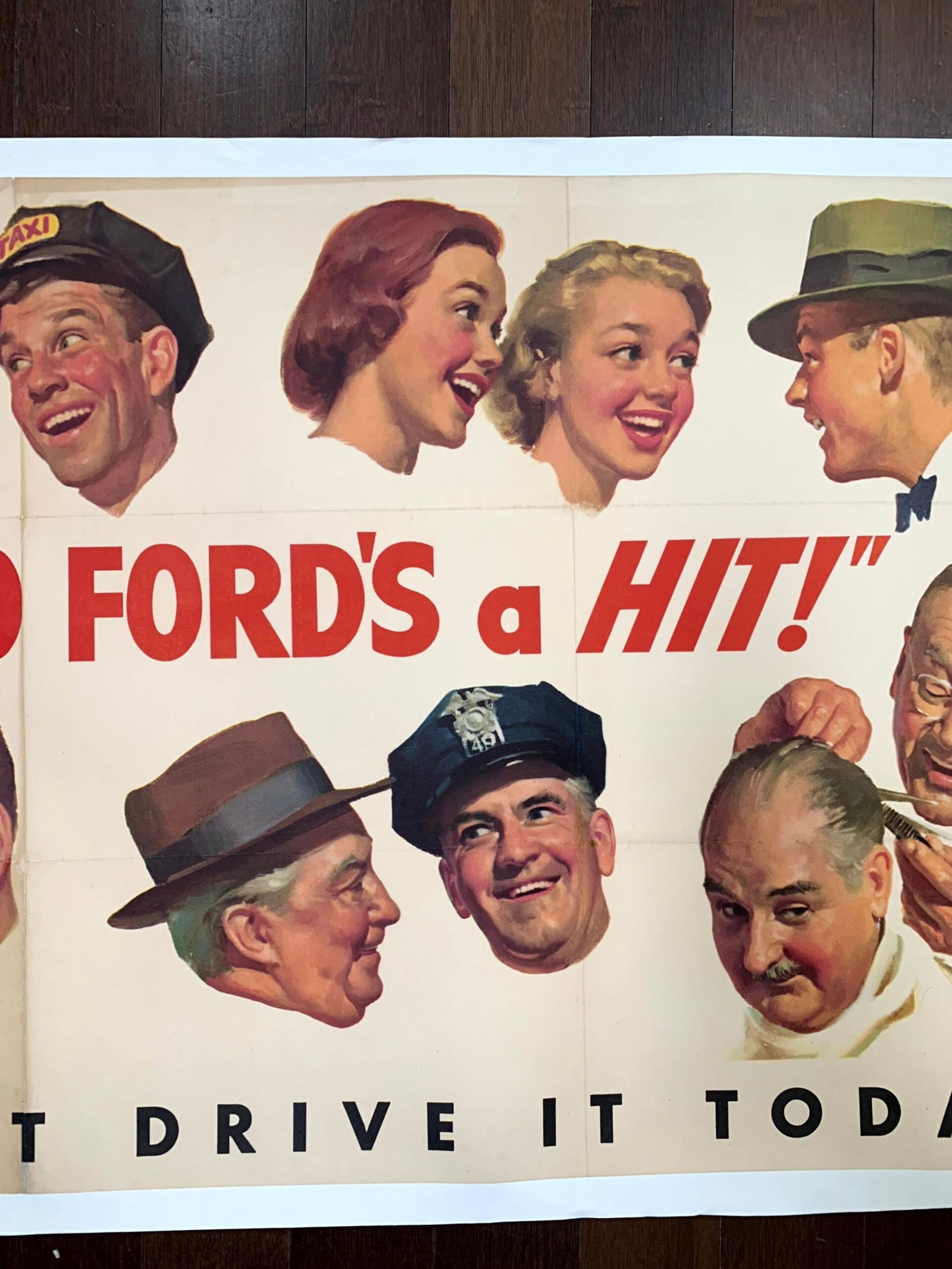 The 50's Ford's A Hit - Art by Norman Rockwell (1950) 26"X57.25" US Advertising Poster LB - 5