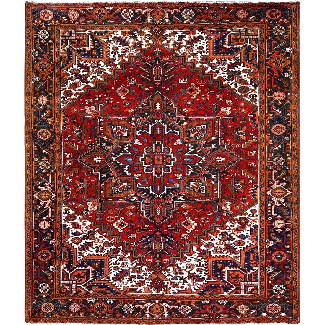 Chili Red, Worn Wool, Hand Knotted, Vintage Persian Heriz Oriental Rug (1 of 11)