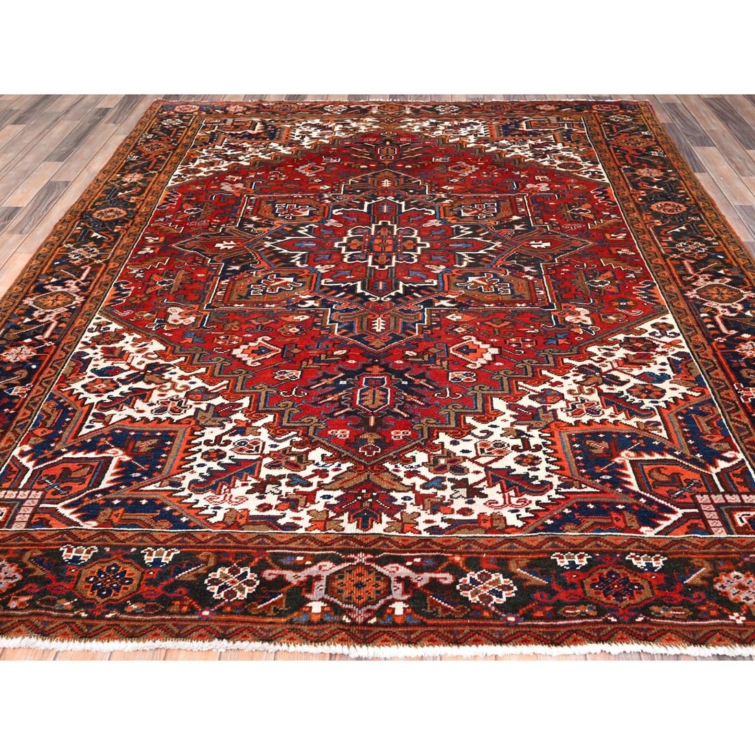 Chili Red, Worn Wool, Hand Knotted, Vintage Persian Heriz Oriental Rug - 2