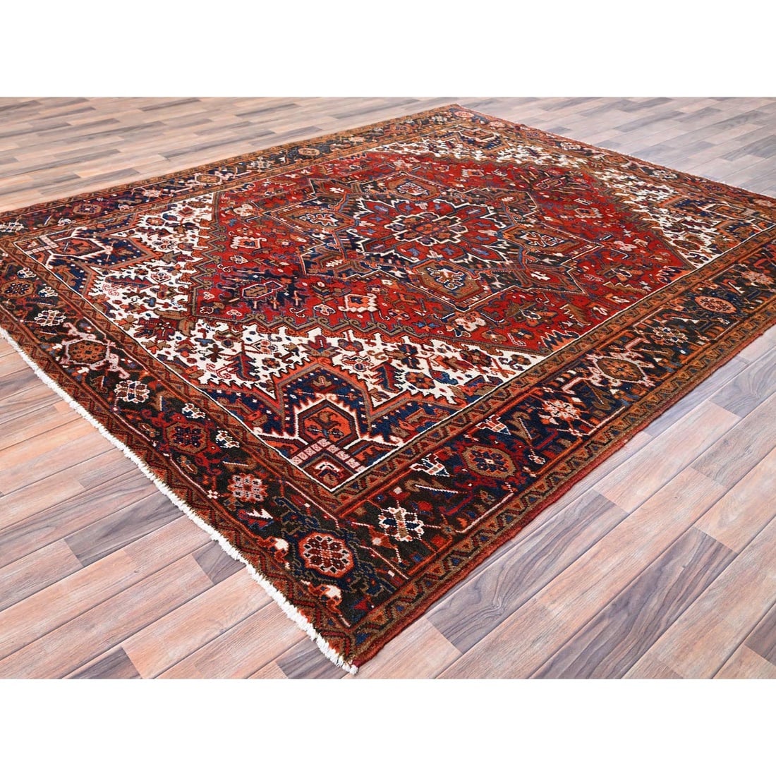 Chili Red, Worn Wool, Hand Knotted, Vintage Persian Heriz Oriental Rug - 3