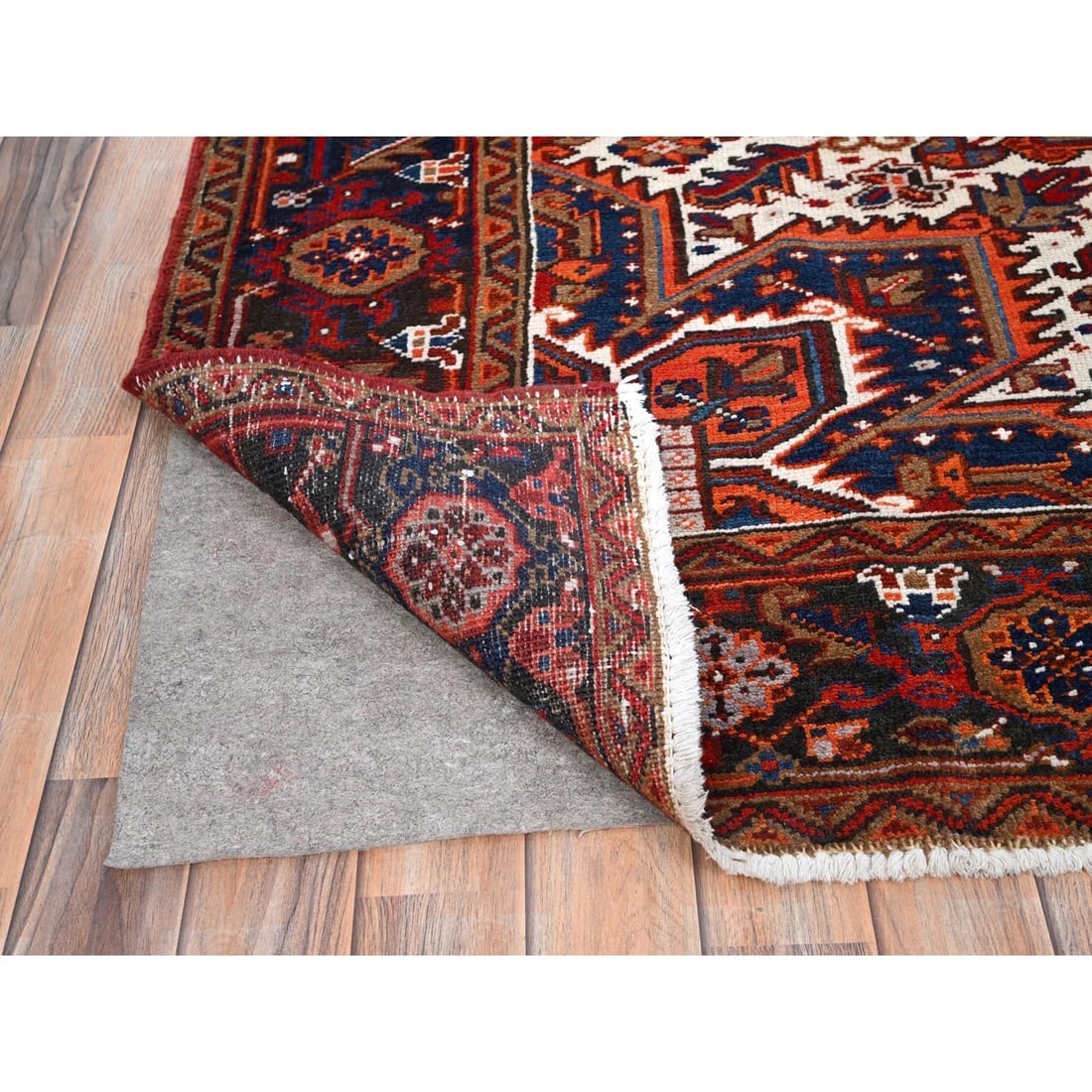 Chili Red, Worn Wool, Hand Knotted, Vintage Persian Heriz Oriental Rug - 4