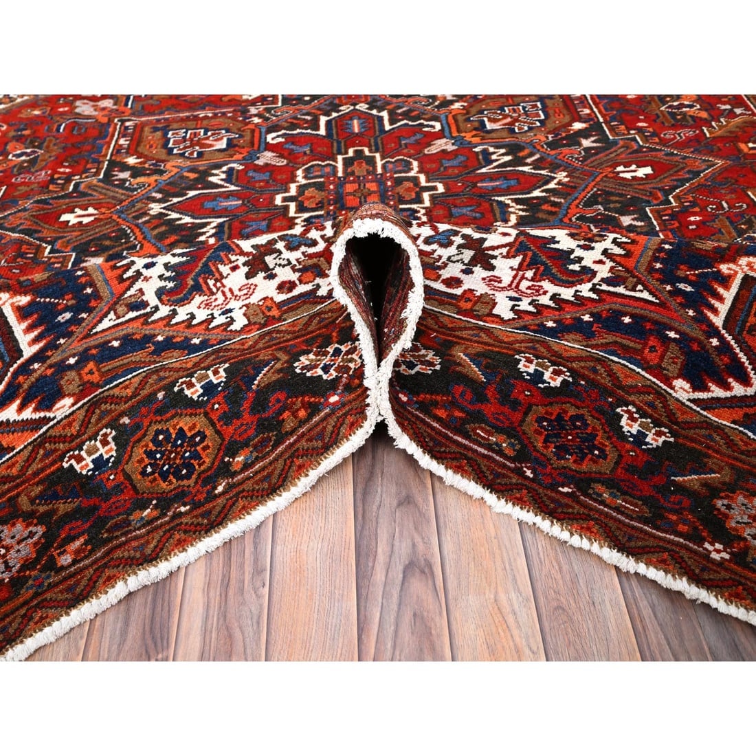 Chili Red, Worn Wool, Hand Knotted, Vintage Persian Heriz Oriental Rug - 5
