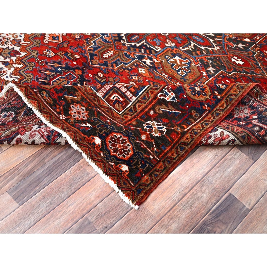 Chili Red, Worn Wool, Hand Knotted, Vintage Persian Heriz Oriental Rug - 6