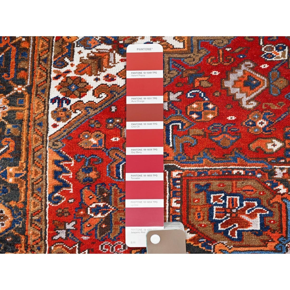 Chili Red, Worn Wool, Hand Knotted, Vintage Persian Heriz Oriental Rug - 7