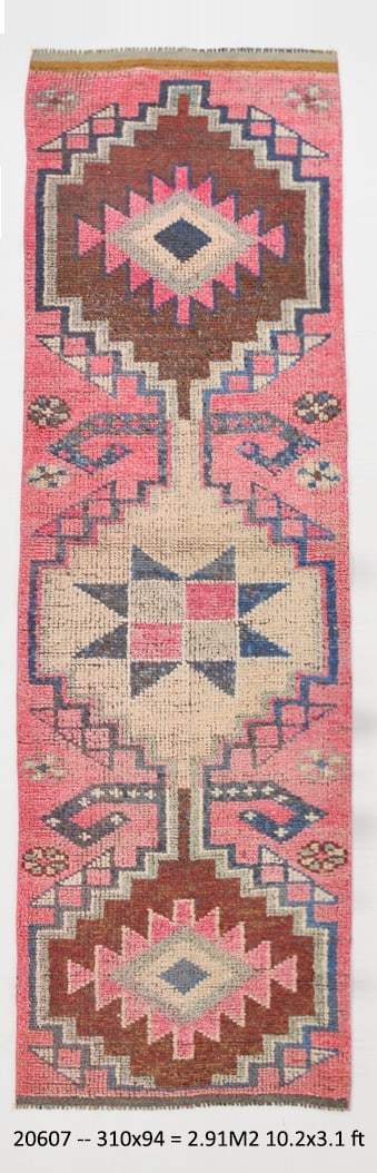 3'1'' x 10'2'' Handmade Vintage Wool Rug - 20607: Title: 3'1'' x 10'2'' Handmade Vintage Wool Rug - 20607 Description:3'1'' x 10'2'' Handmade Vintage Wool Rug - 20607 Origin:Turkiye Date/Period:1960-90 Materials:Wool,Cotton Dimension:3'1''x10'2'' ft,
