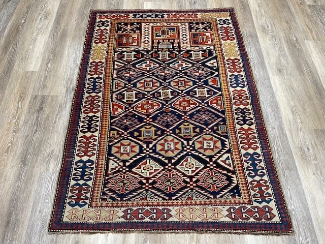 Antique Shirvan Prayer Rug-4884: Title:Antique Shirvan Prayer Rug-4884 Description:Antique Shirvan Prayer rug from north of Caucasus, size 3 ft. 5 inches by 4 ft. 10 inches, circa late 19th century , excellent condition on navy blue 