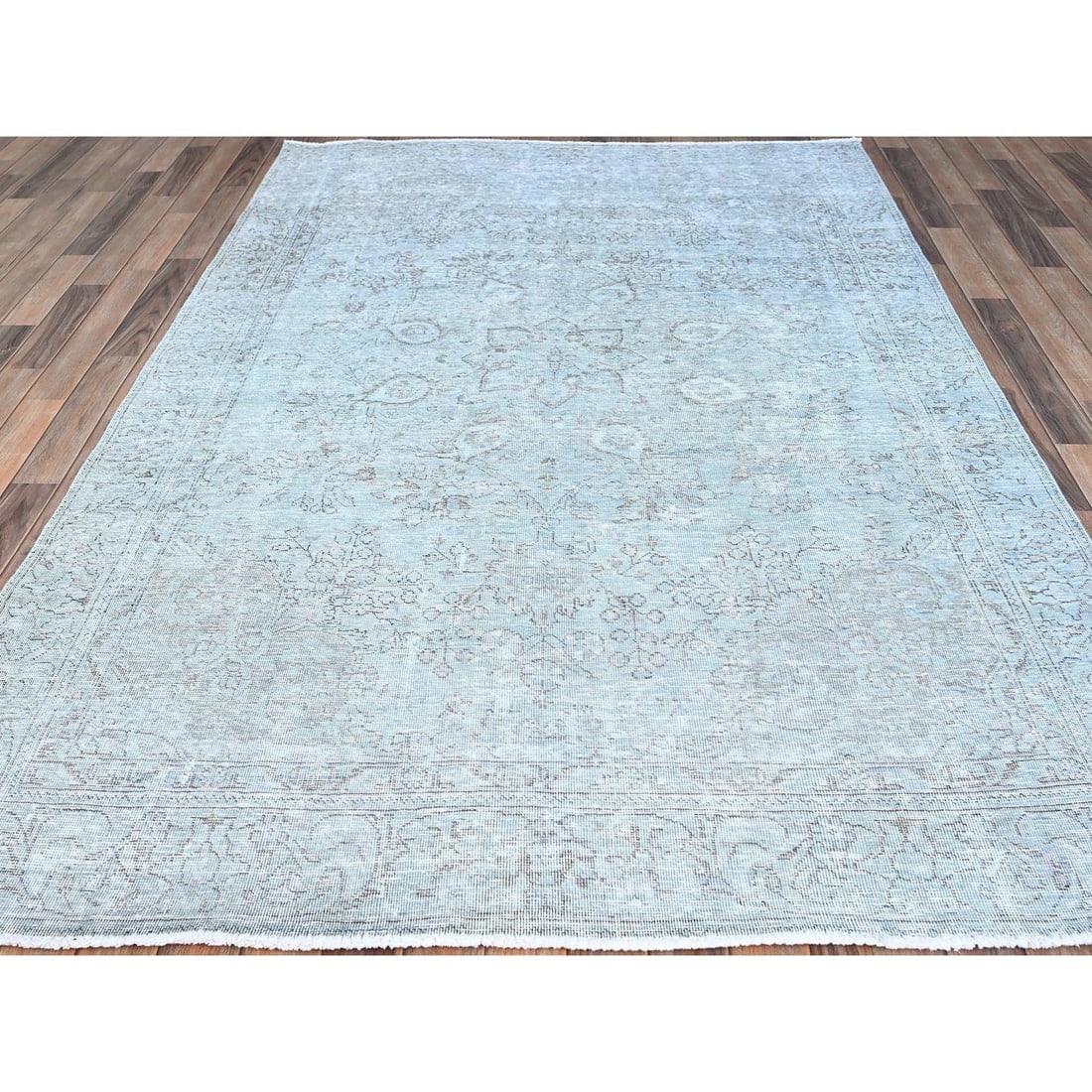 Blue 100% Wool Clean Cropped Thin Hand Knotted Vintage Tebraz Rug - 2