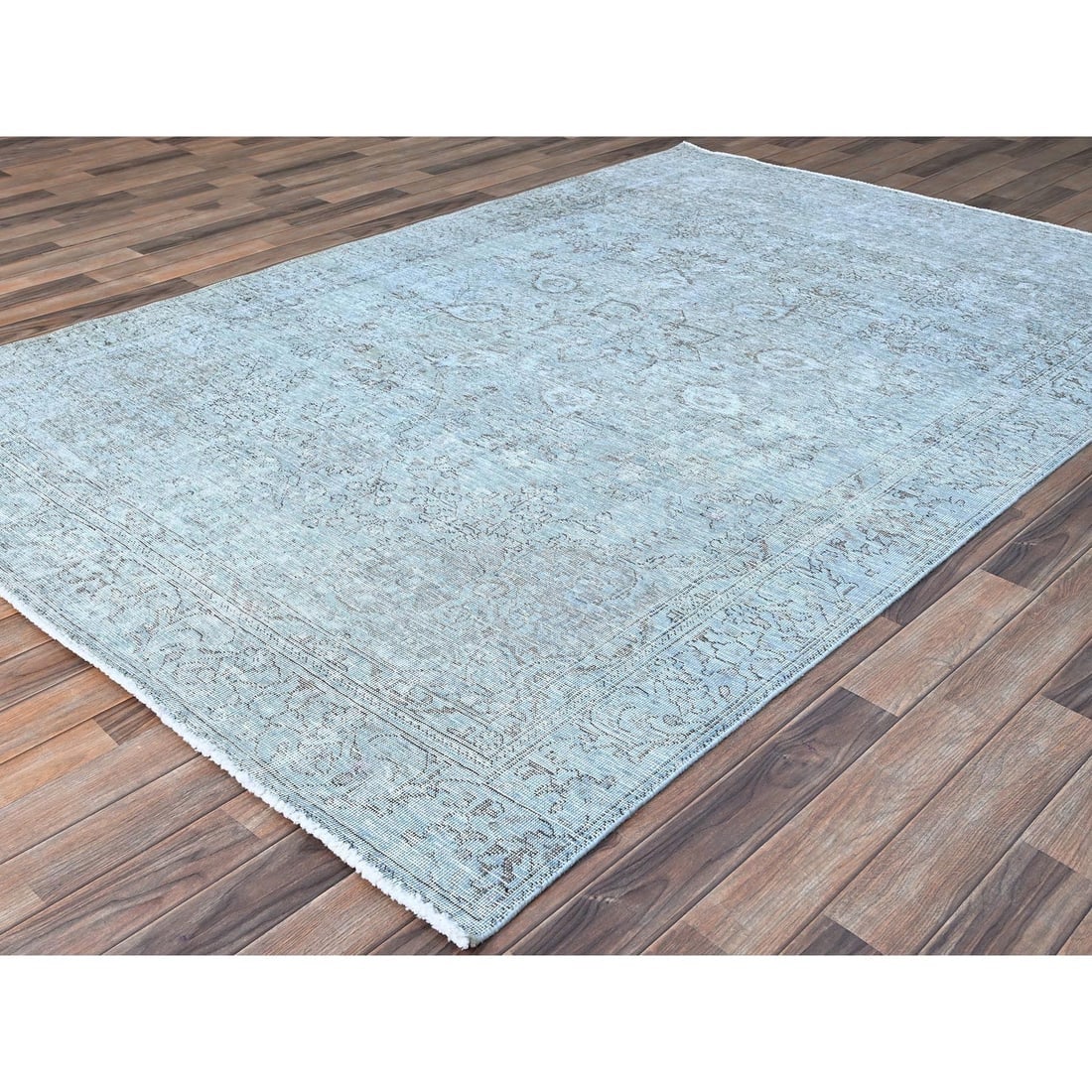 Blue 100% Wool Clean Cropped Thin Hand Knotted Vintage Tebraz Rug - 3