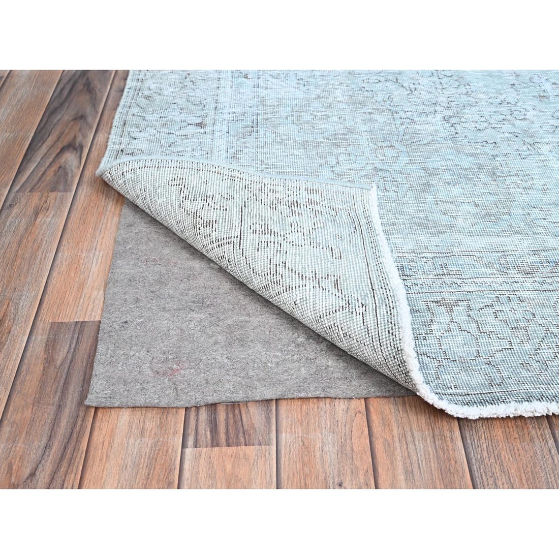 Blue 100% Wool Clean Cropped Thin Hand Knotted Vintage Tebraz Rug - 4