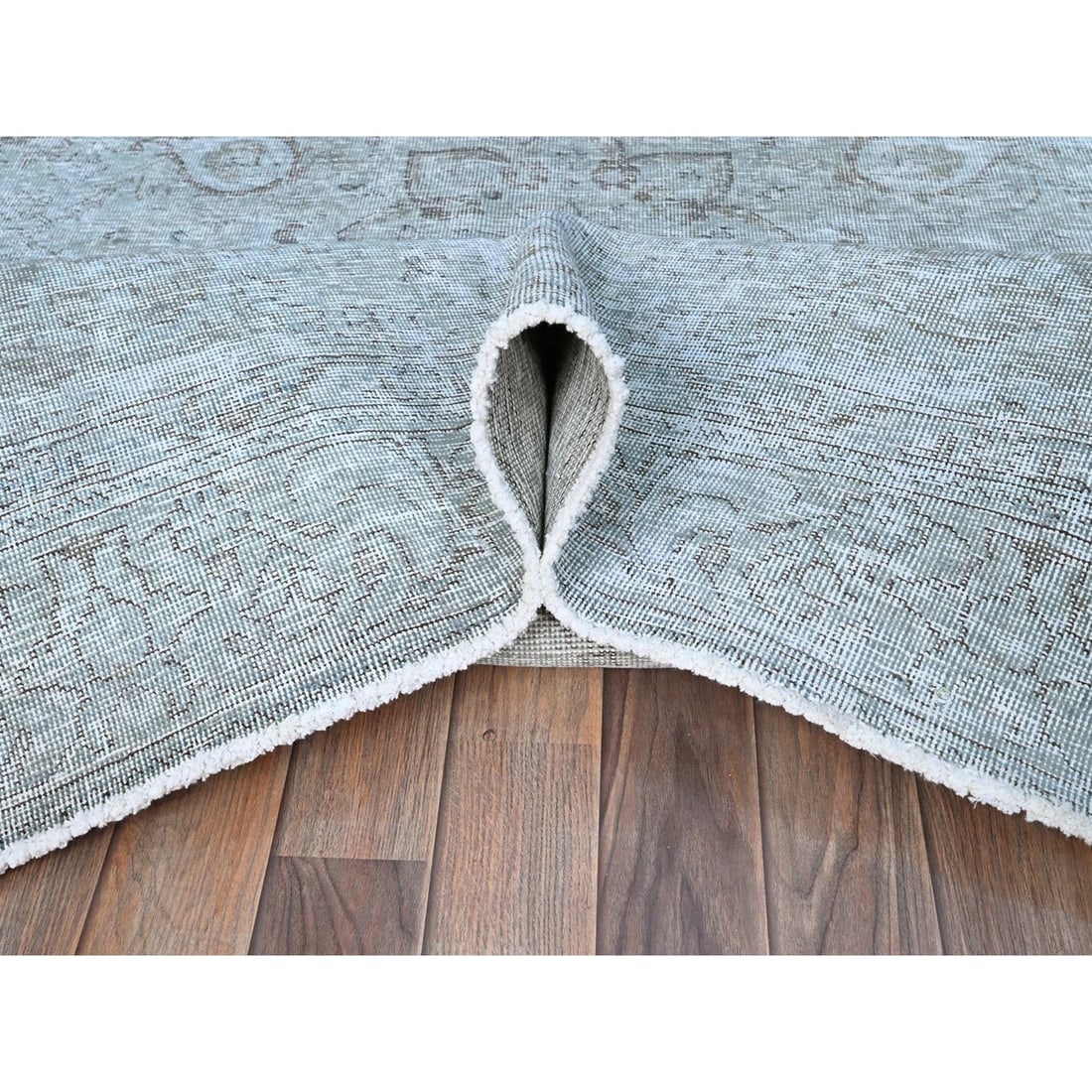 Blue 100% Wool Clean Cropped Thin Hand Knotted Vintage Tebraz Rug - 5