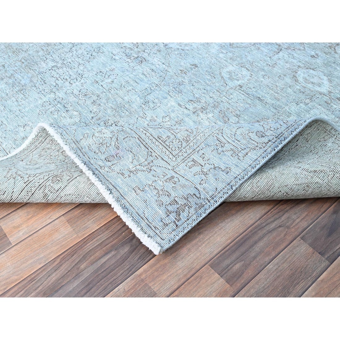 Blue 100% Wool Clean Cropped Thin Hand Knotted Vintage Tebraz Rug - 6