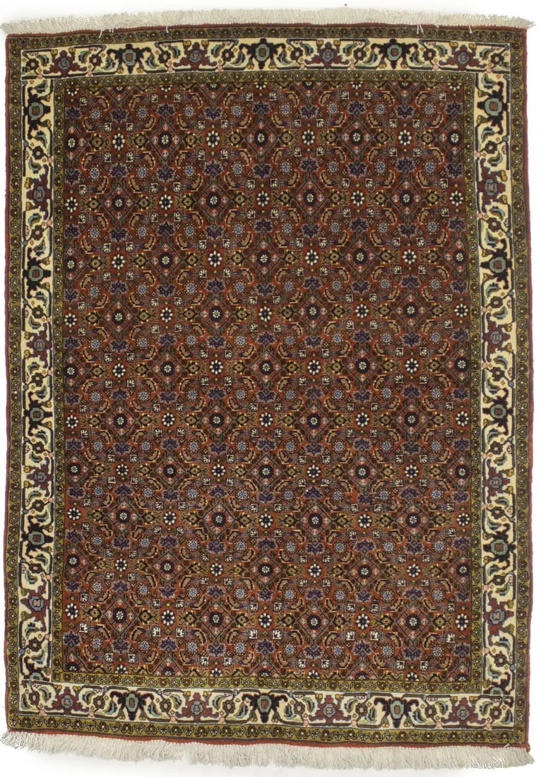 Vintage Orange Floral 4X5 Bidjar Persian Oriental Rug: Title: Vintage Orange Floral 4X5 Bidjar Persian Oriental Rug Description:Handmade 4X5 orange rug made with vegetable dyes (fine wool pile and cotton foundation), superior knot count, and appealing anc