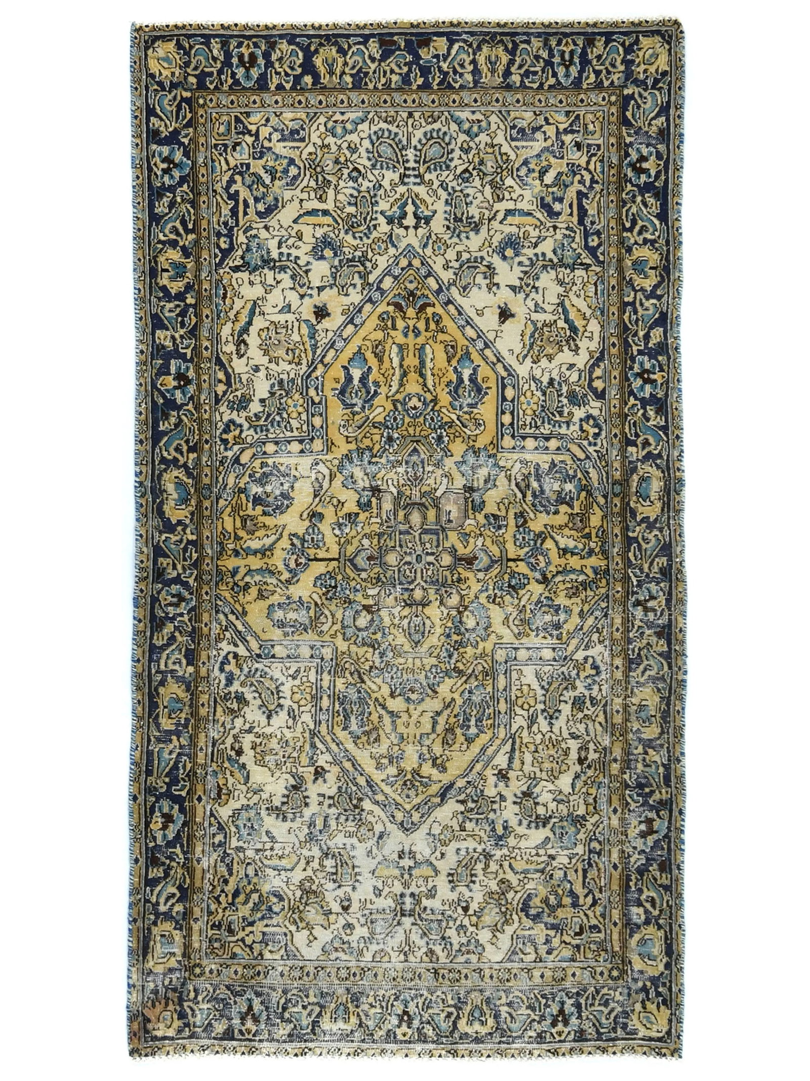 Semi Antique Cream Floral 3X6 Distressed Vintage Oriental Rug: Title: Semi Antique Cream Floral 3X6 Distressed Vintage Oriental Rug Description:Handmade vintage 3X6 cream Oriental rug made with vegetable dyes (fine wool pile and cotton foundation), superior knot