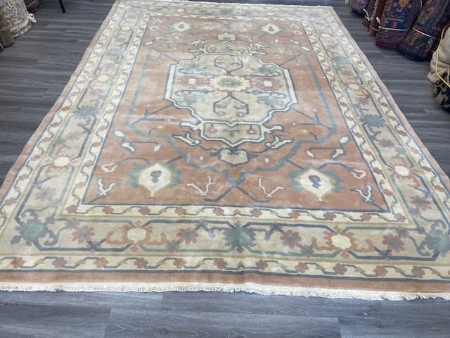 Vintage Decorative Chinese Rug-5236: Title:Vintage Decorative Chinese Rug-5236 Description:Gorgeous antique Chinese rug , size 8 ft by 11 ft. 5 inches, in excellent condition on ligh peach color background, complete rug with all original