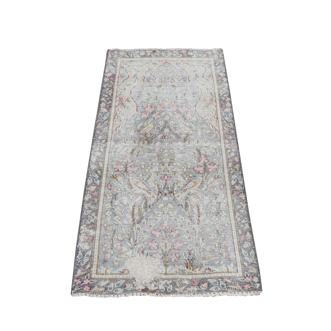 Stone Blue Vintage Persian Kerman Worn Down Hand Knotted Pure Wool Rug: Title: Stone Blue Vintage Persian Kerman Worn Down Hand Knotted Pure Wool Rug Description:This is a truly genuine one-of-a-kind. It has been Knotted for months and months in the centuries-old weaving