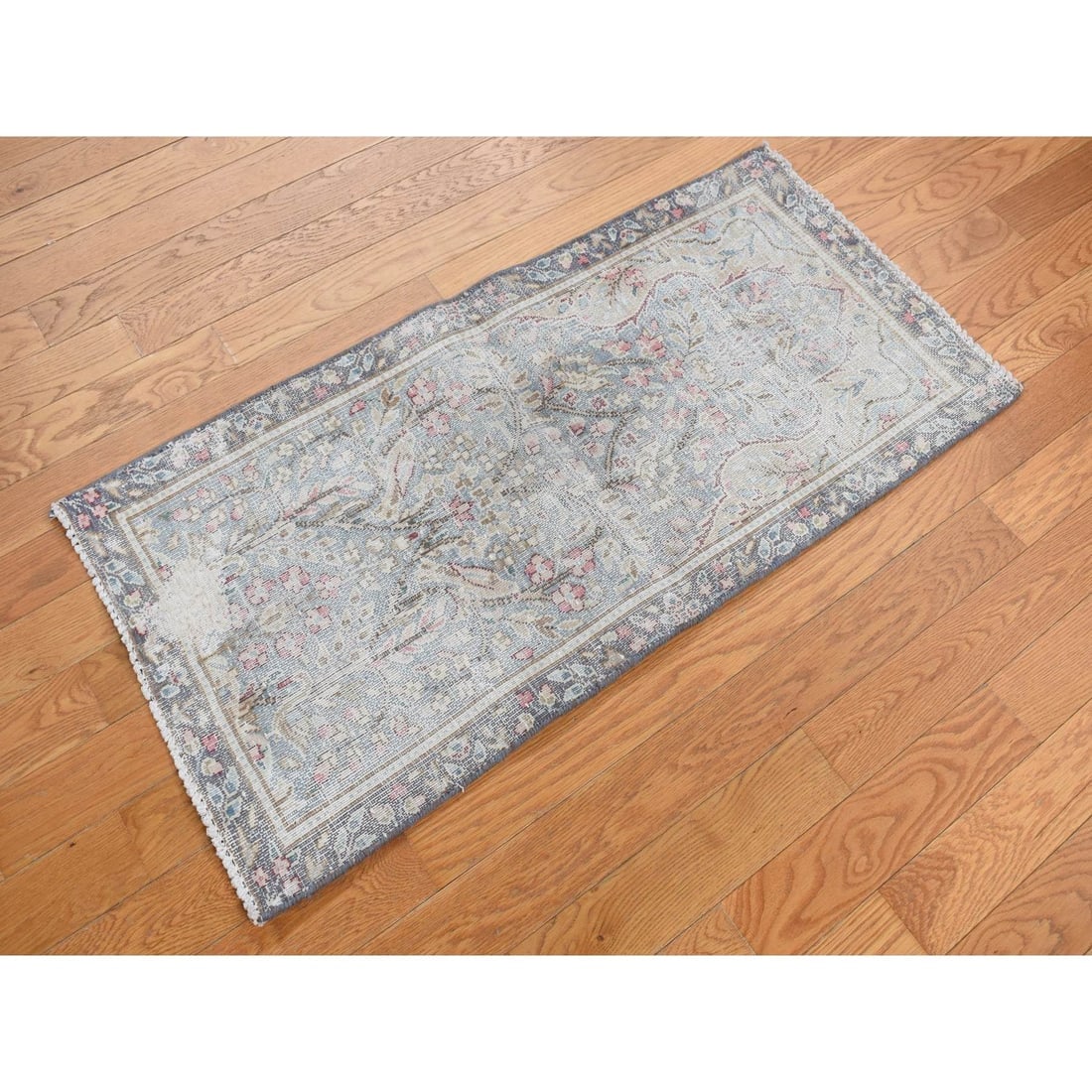 Stone Blue Vintage Persian Kerman Worn Down Hand Knotted Pure Wool Rug - 2