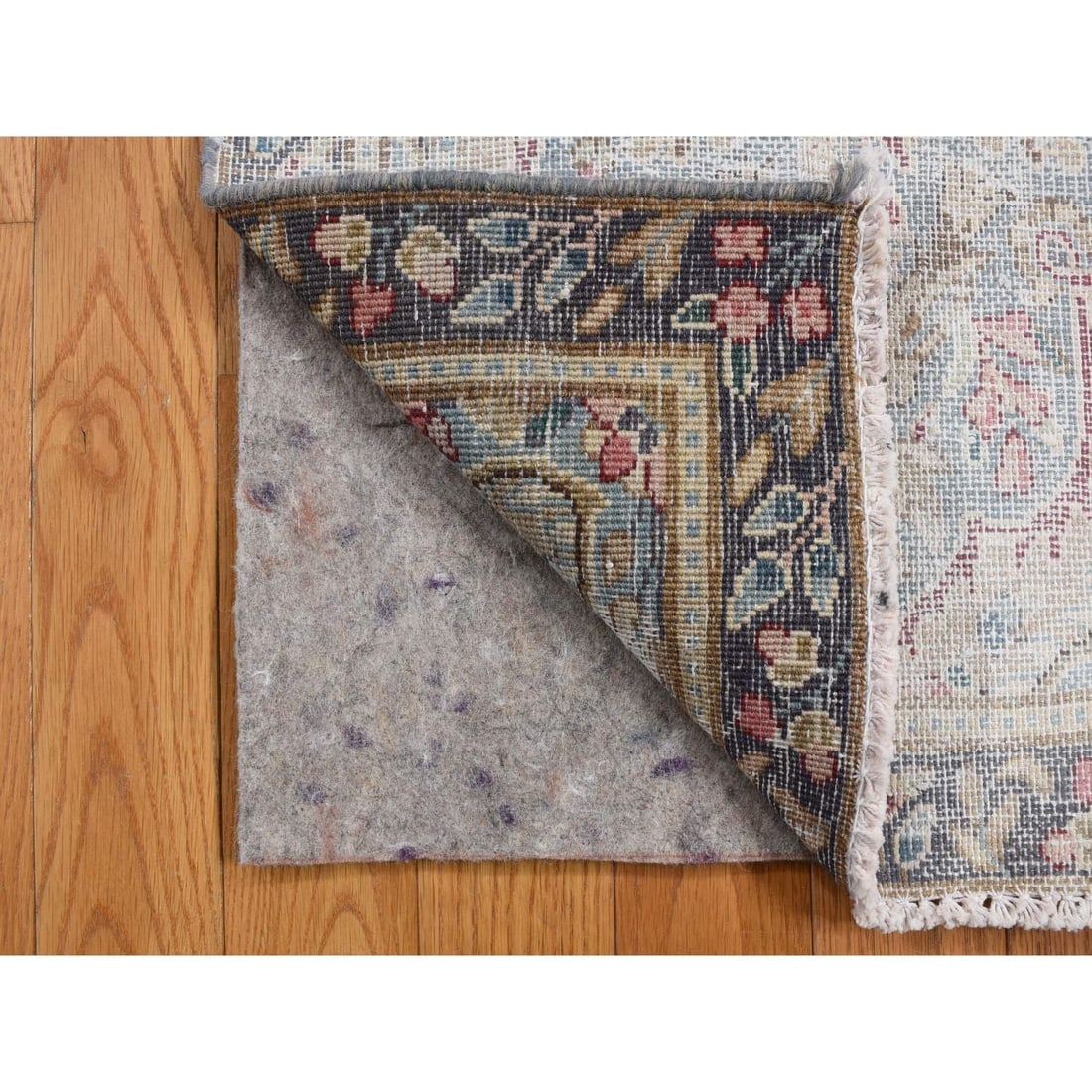 Stone Blue Vintage Persian Kerman Worn Down Hand Knotted Pure Wool Rug - 3
