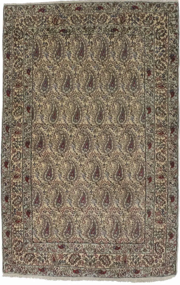 Vintage Beige Floral 3X5 Kashan Boteh Persian Rug: Title: Vintage Beige Floral 3X5 Kashan Boteh Persian Rug Description:Hand Knotted vintage 3X5 cream Persian rug made with natural dyes (fine wool pile and cotton foundation), superior knot count, and